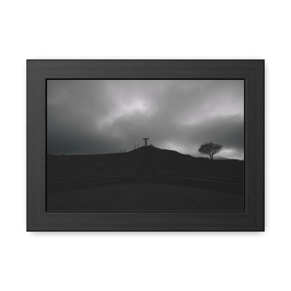Thumbnail: Framed photograph: silhouetted figure and tree on hill, dramatic stormy sky.