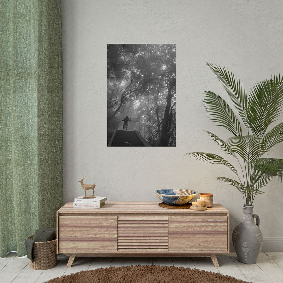 Thumbnail: Black and white print of a lone figure in a dark, atmospheric forest.