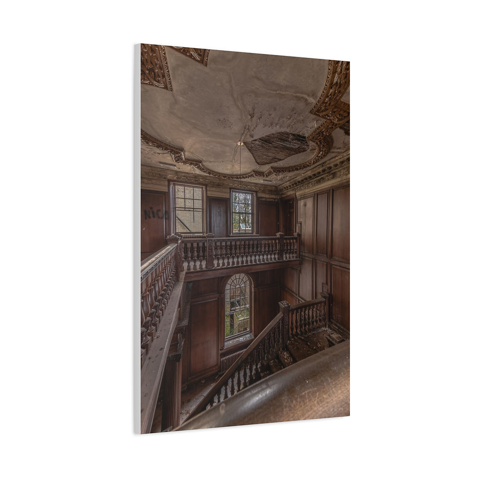Thumbnail: Decaying grand wooden staircase in abandoned mansion, ornate balustrades, damaged ceiling.
