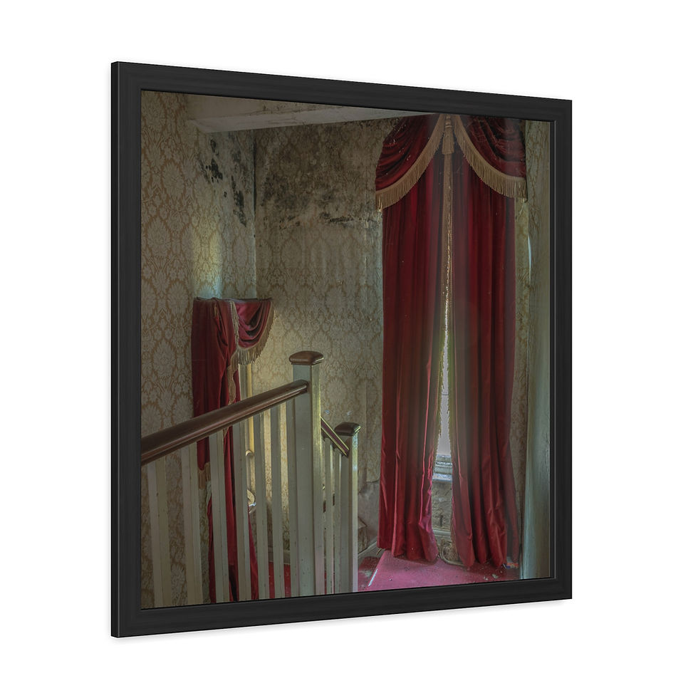 Thumbnail: Decaying ornate staircase, red velvet curtains, peeling wallpaper in abandoned building.