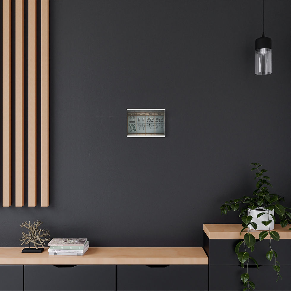 Thumbnail: Small framed poster on dark wall above wooden cabinet with plant.