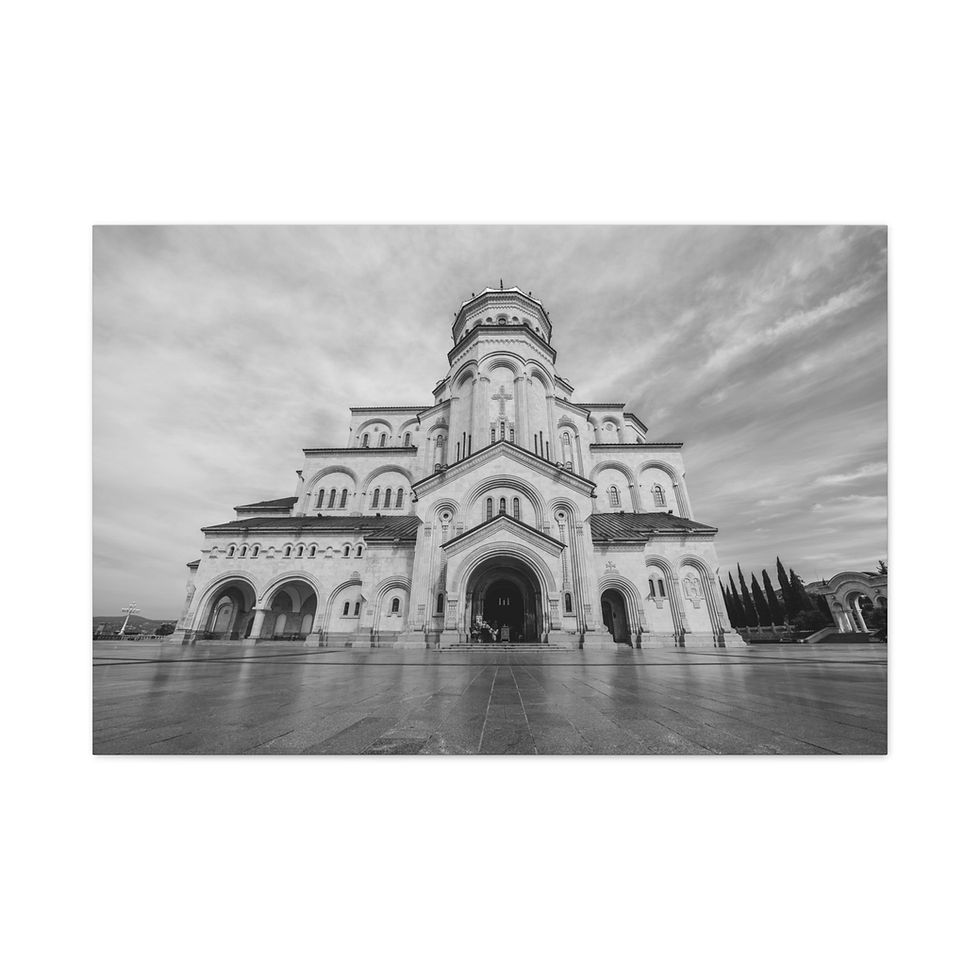 Thumbnail: Grand black and white church, low angle, intricate architecture, cloudy sky.