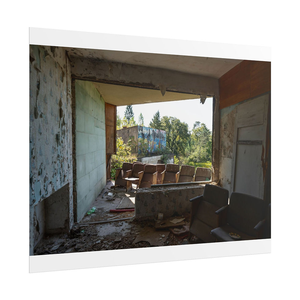 Thumbnail: Dilapidated abandoned theater with crumbling walls, decaying seats, and overgrown exterior.