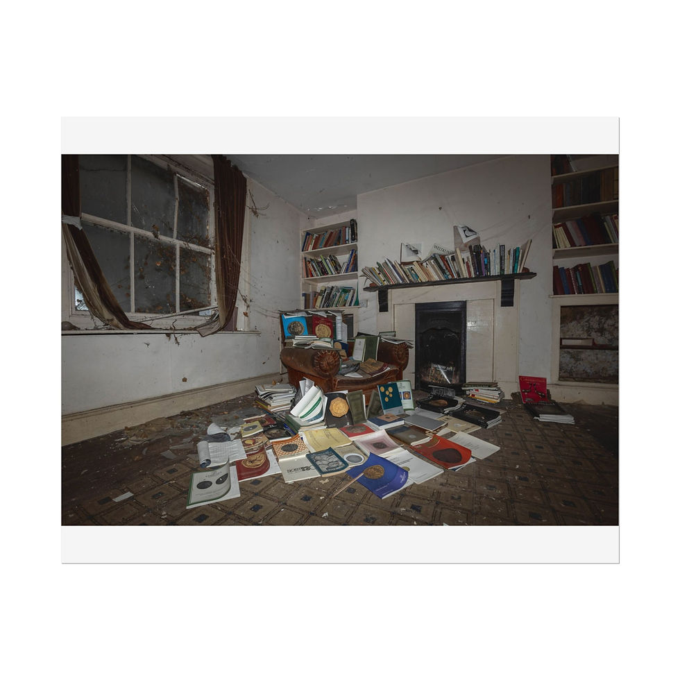 Thumbnail: Derelict room with fireplace, bookshelves, scattered records, and broken window.