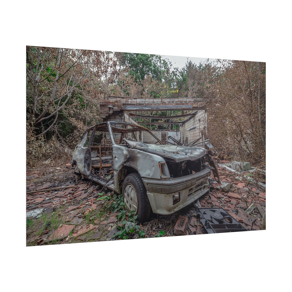 Thumbnail: Severely burnt-out car sits abandoned in an overgrown outdoor area.