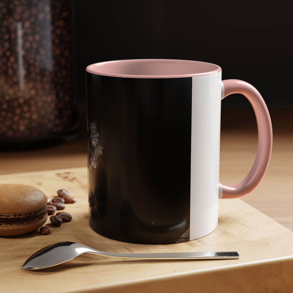 Thumbnail: Black and white mug, pink handle, macaron, coffee beans, spoon.