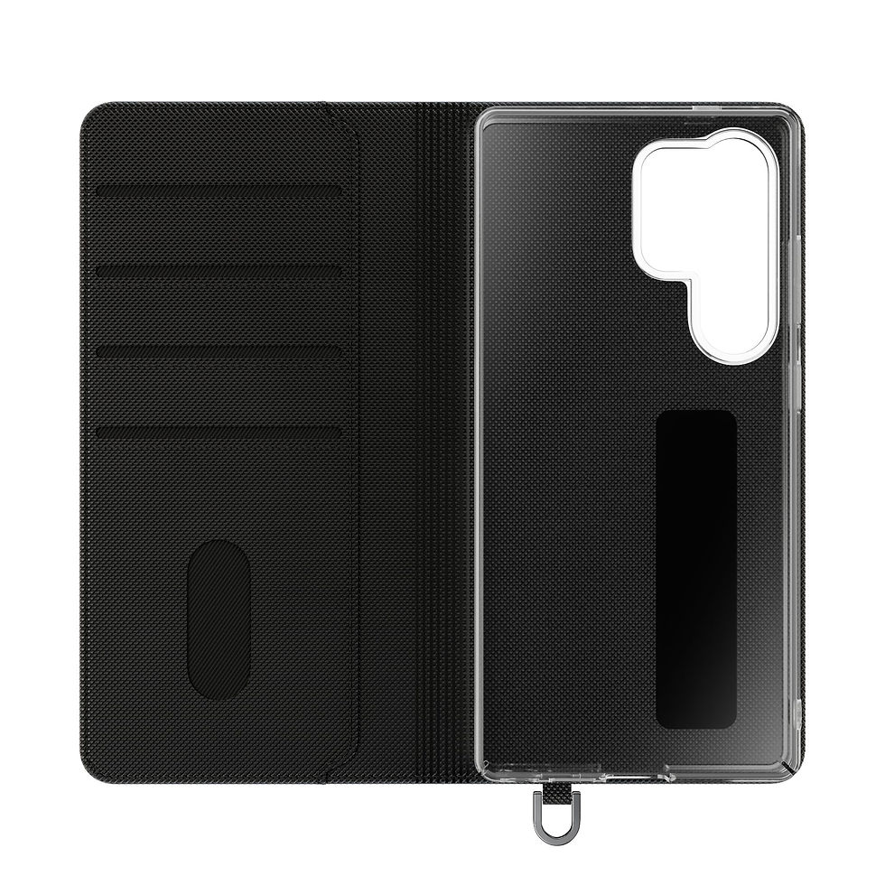 Thumbnail: Open black wallet phone case with card slots and clear phone holder.
