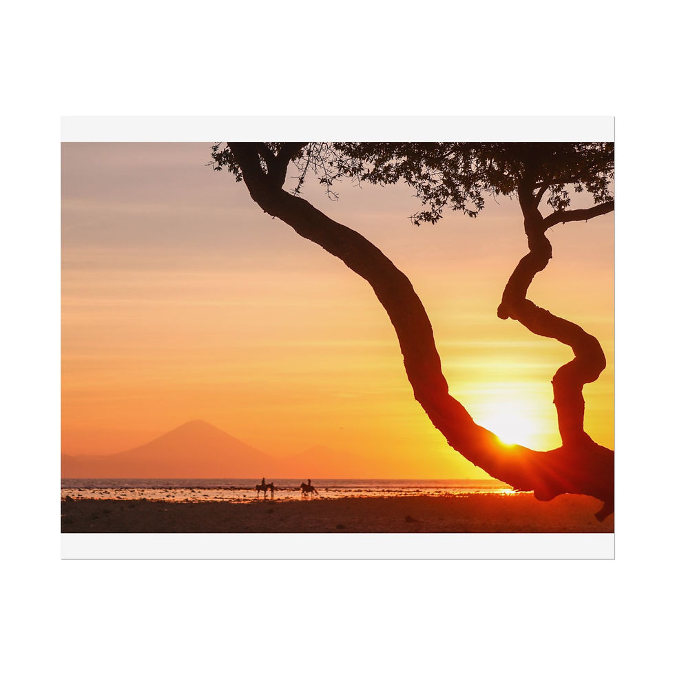 Thumbnail: Silhouette of gnarled tree, vibrant orange sunset, distant mountain, figures on beach.