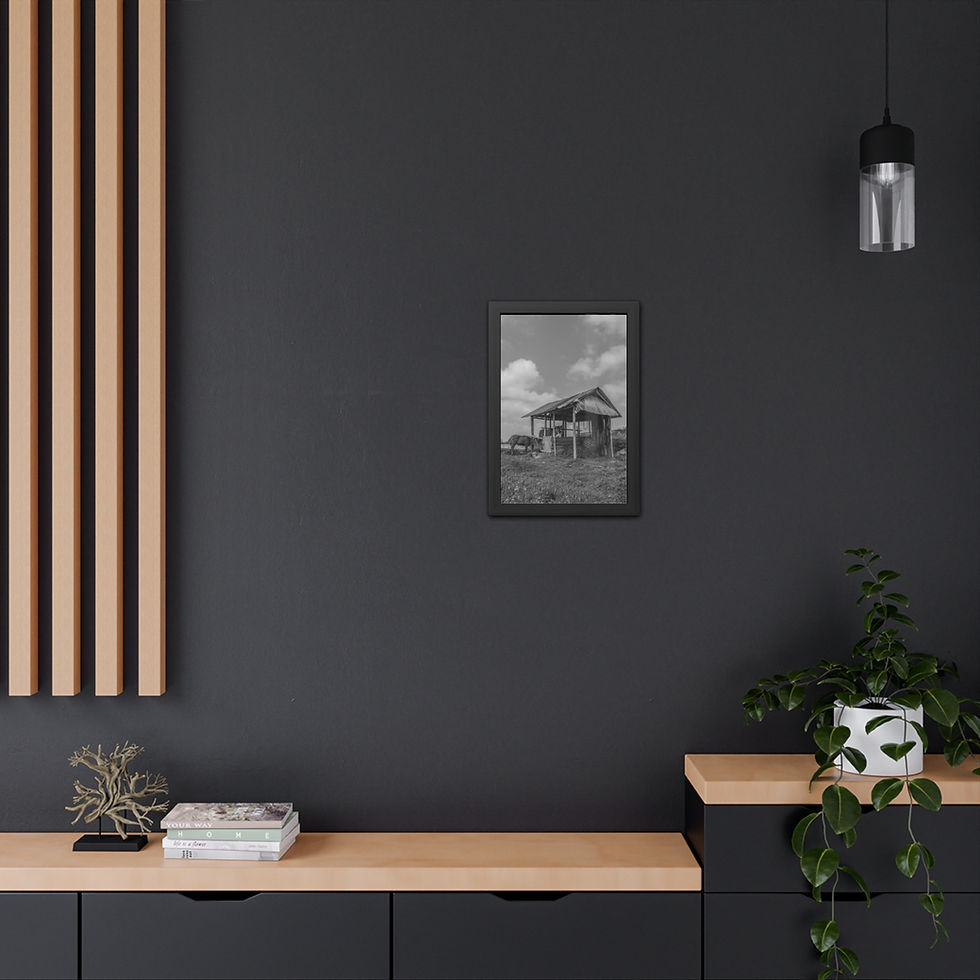 Thumbnail: Framed black and white photo of rustic building in modern dark room.