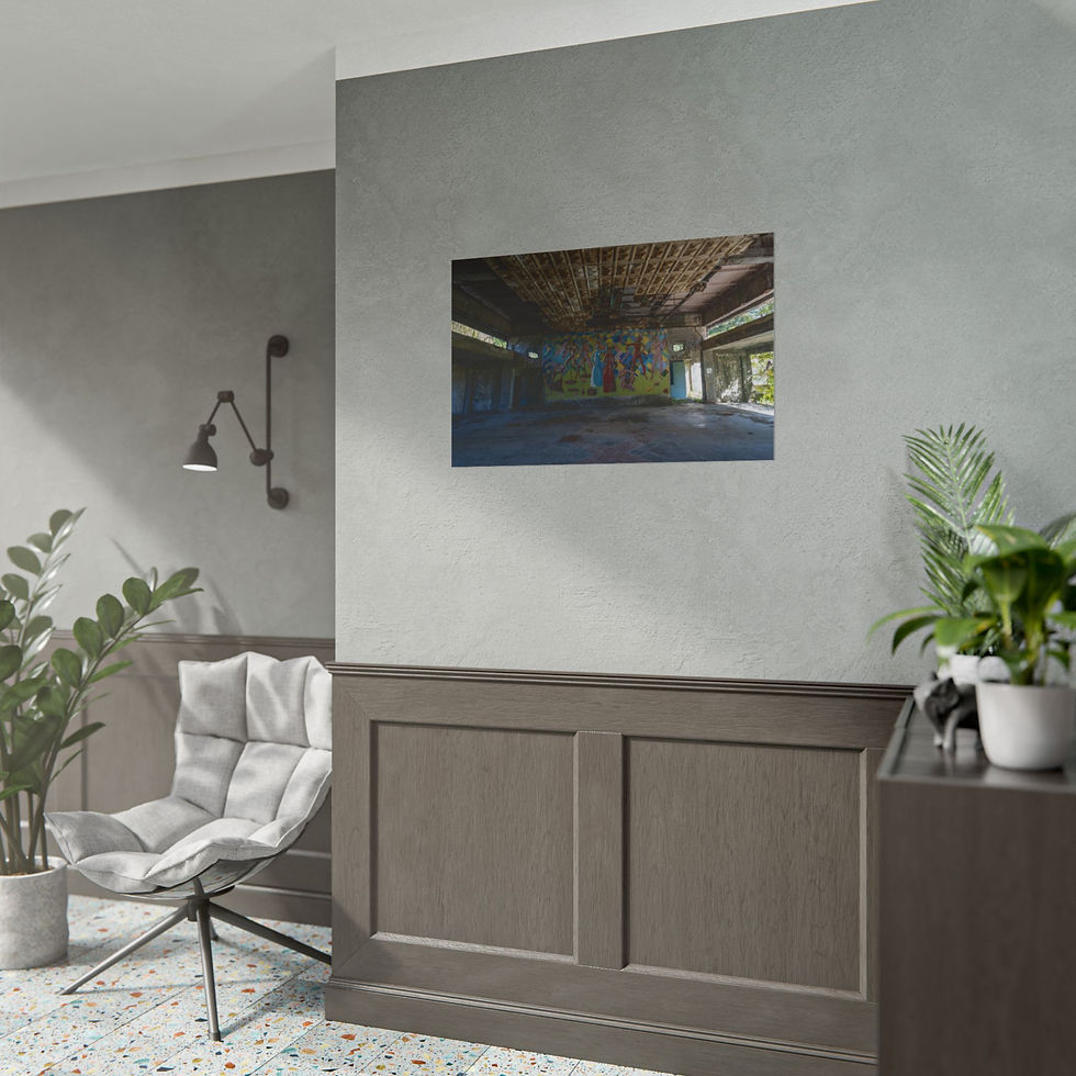 Thumbnail: Modern room features stylish chair, plant, and framed abandoned building artwork.
