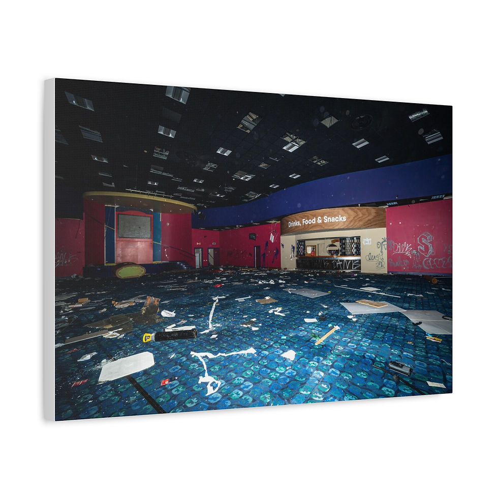 Thumbnail: Abandoned entertainment hall, 'Fresh Food & Drinks' sign, debris on blue carpet.