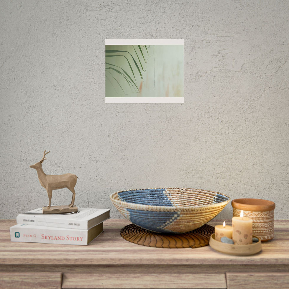 Thumbnail: Decorated wooden table with deer, books, woven bowl, candles, and palm art.