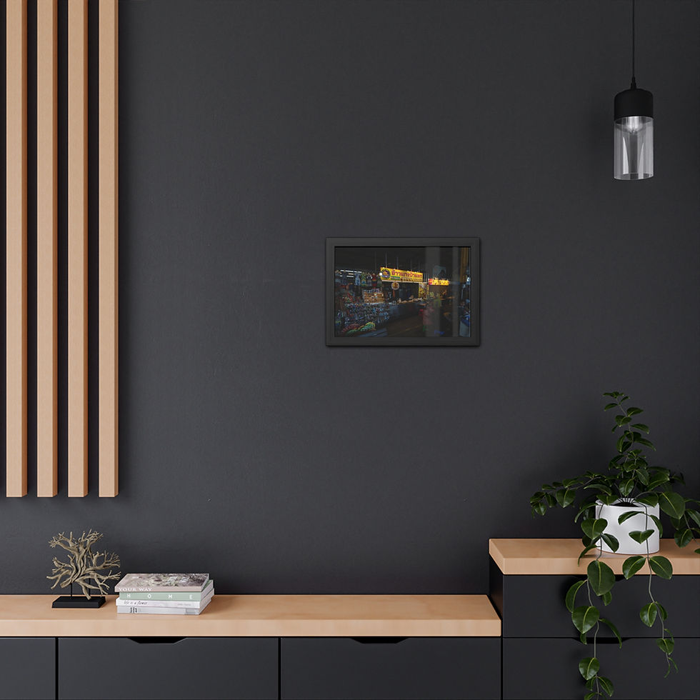 Thumbnail: Framed artwork on dark wall above a modern wooden console.