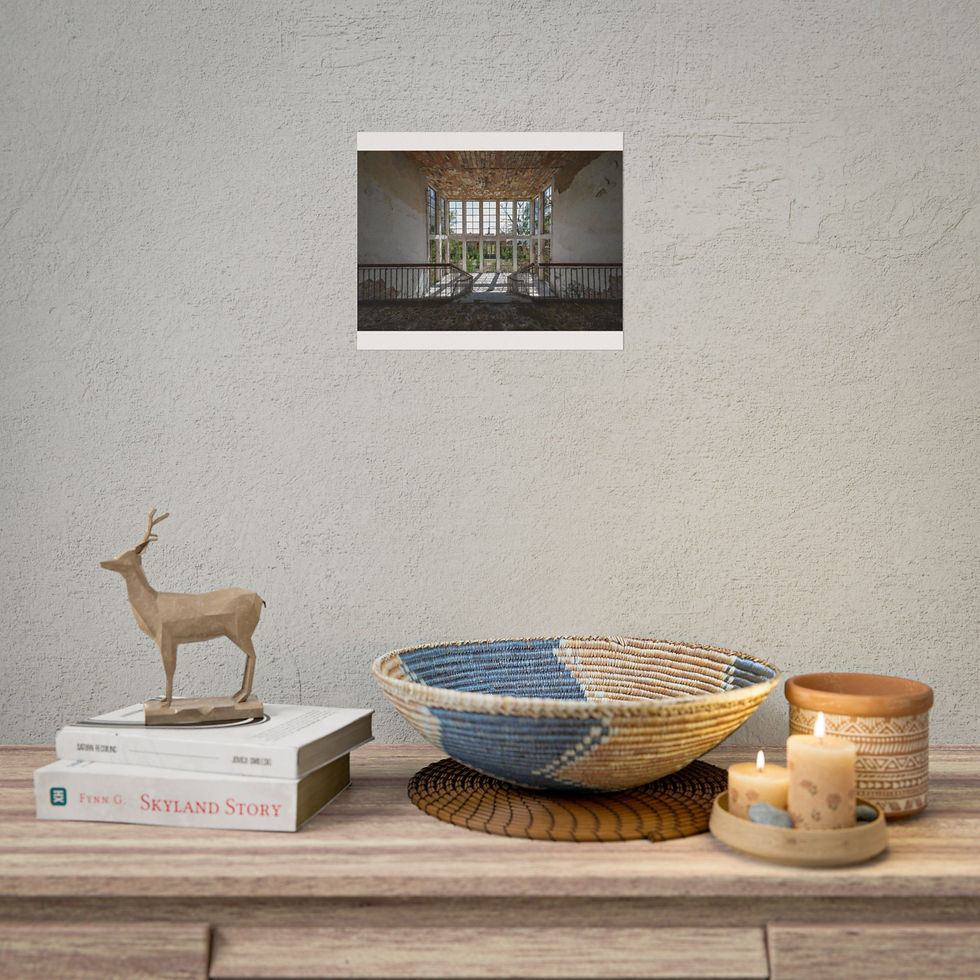 Thumbnail: Framed picture of modern interior, deer, woven bowl, candles on table.