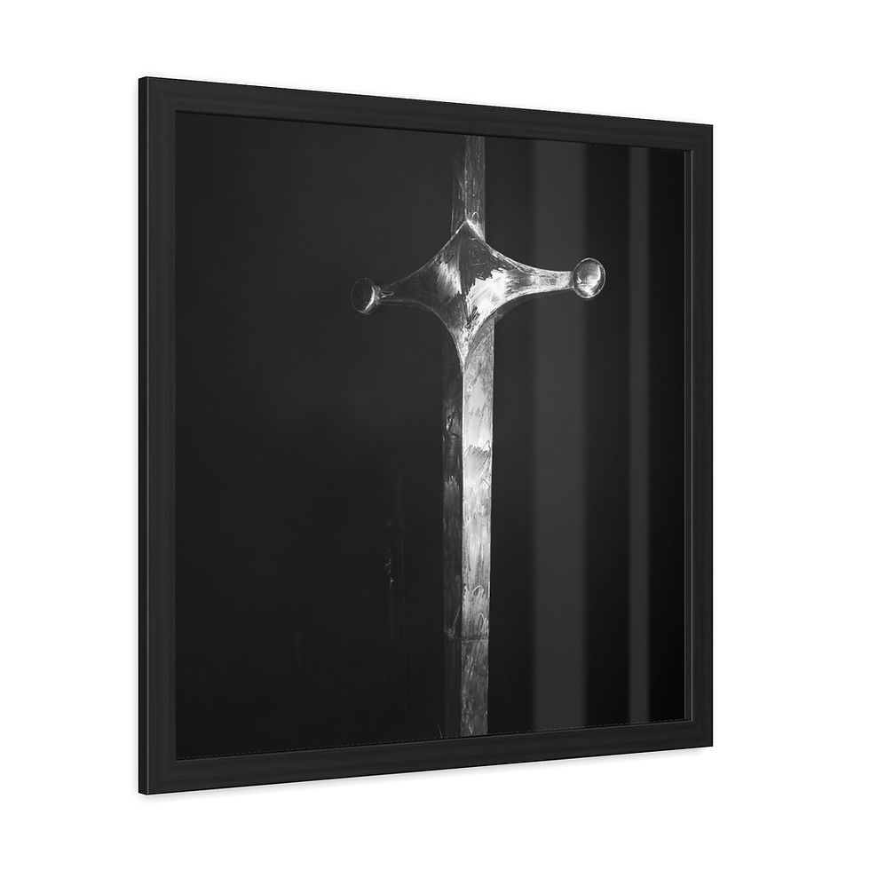 Thumbnail: Black framed artwork featuring a silver sword on a dark background.