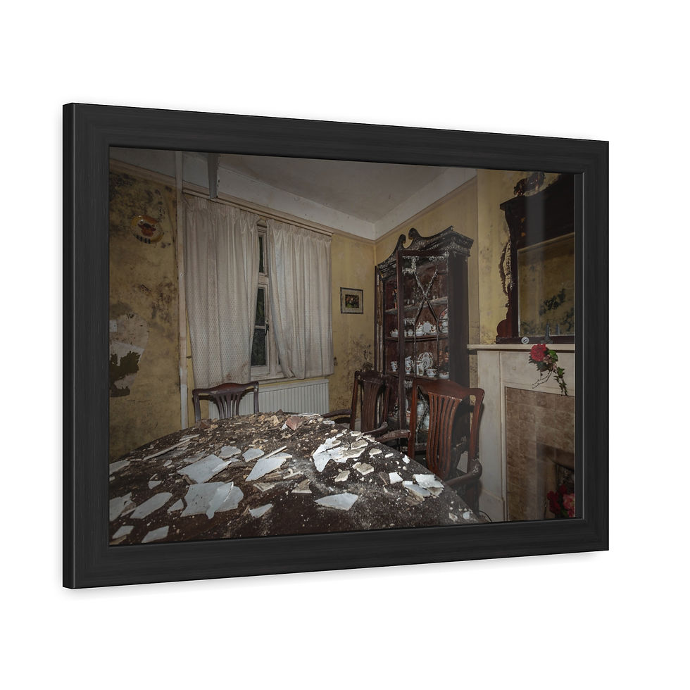 Thumbnail: Abandoned room with broken dishes on table, antique cabinet, faded wallpaper.