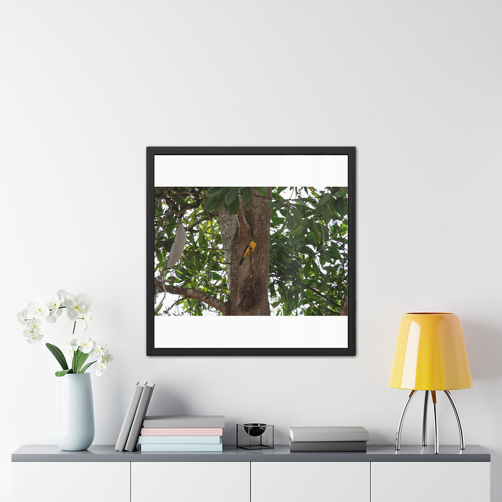 Thumbnail: Framed print of a yellow bird on a tree, above console table.