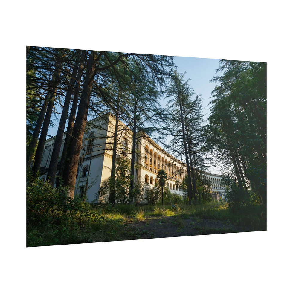 Thumbnail: Abandoned grand building with ornate details, framed by tall trees.