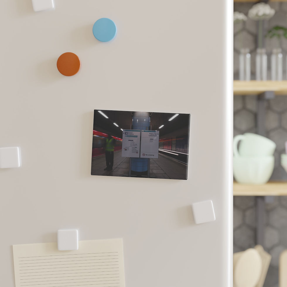 Thumbnail: Rectangular magnet features dark subway station platform with signs and person.