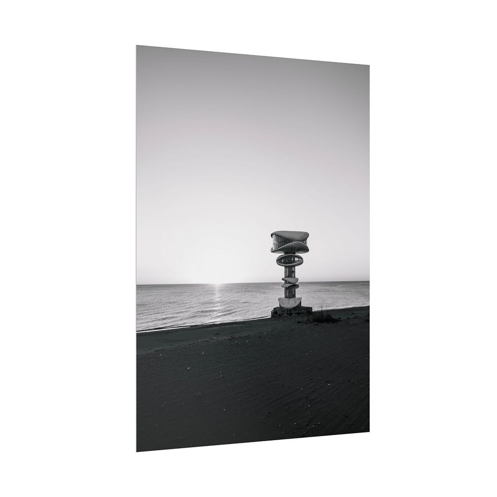 Thumbnail: Monochromatic marker on a sandy beach with sun setting over ocean.