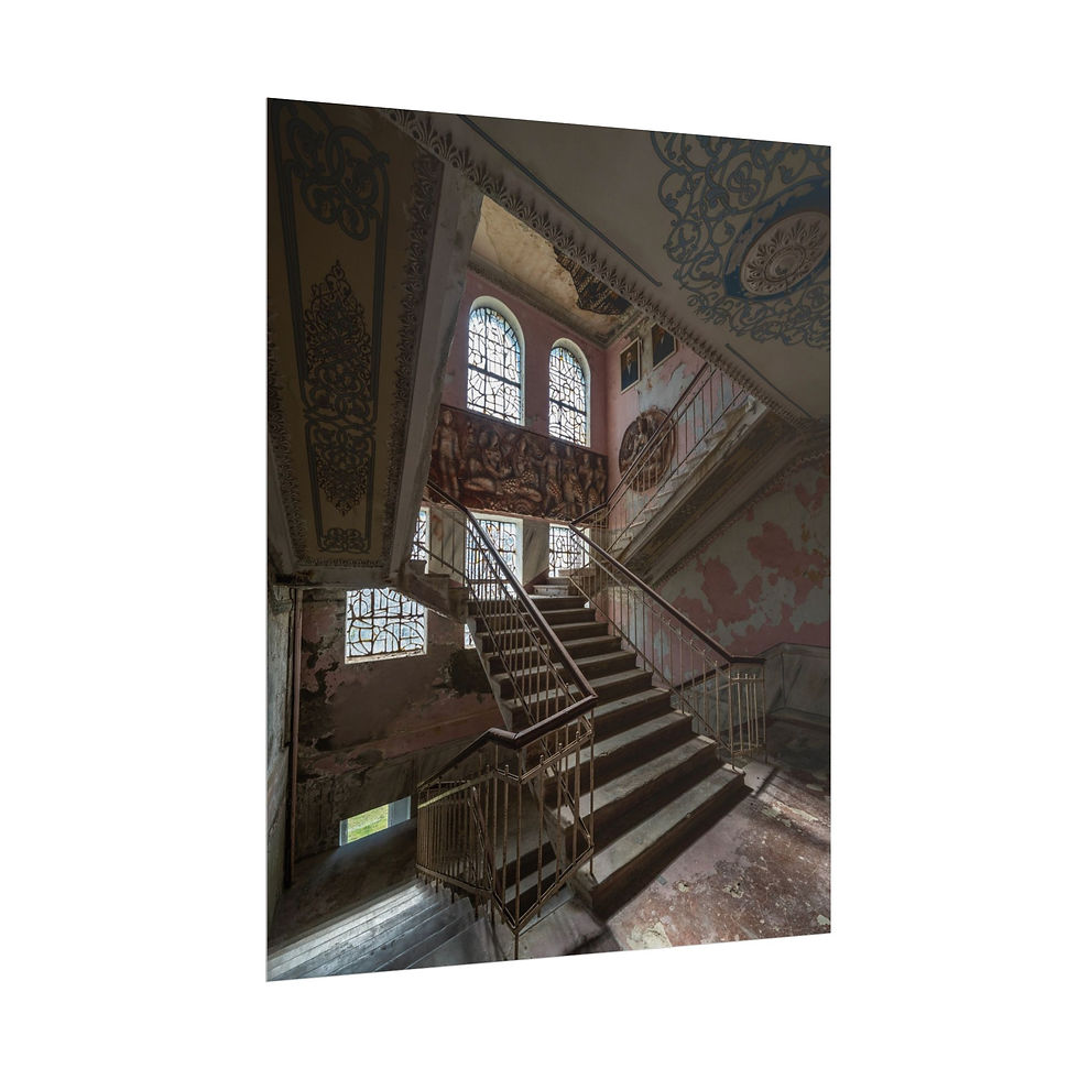 Thumbnail: Ornate grand staircase with arched windows and decaying walls in an old building.