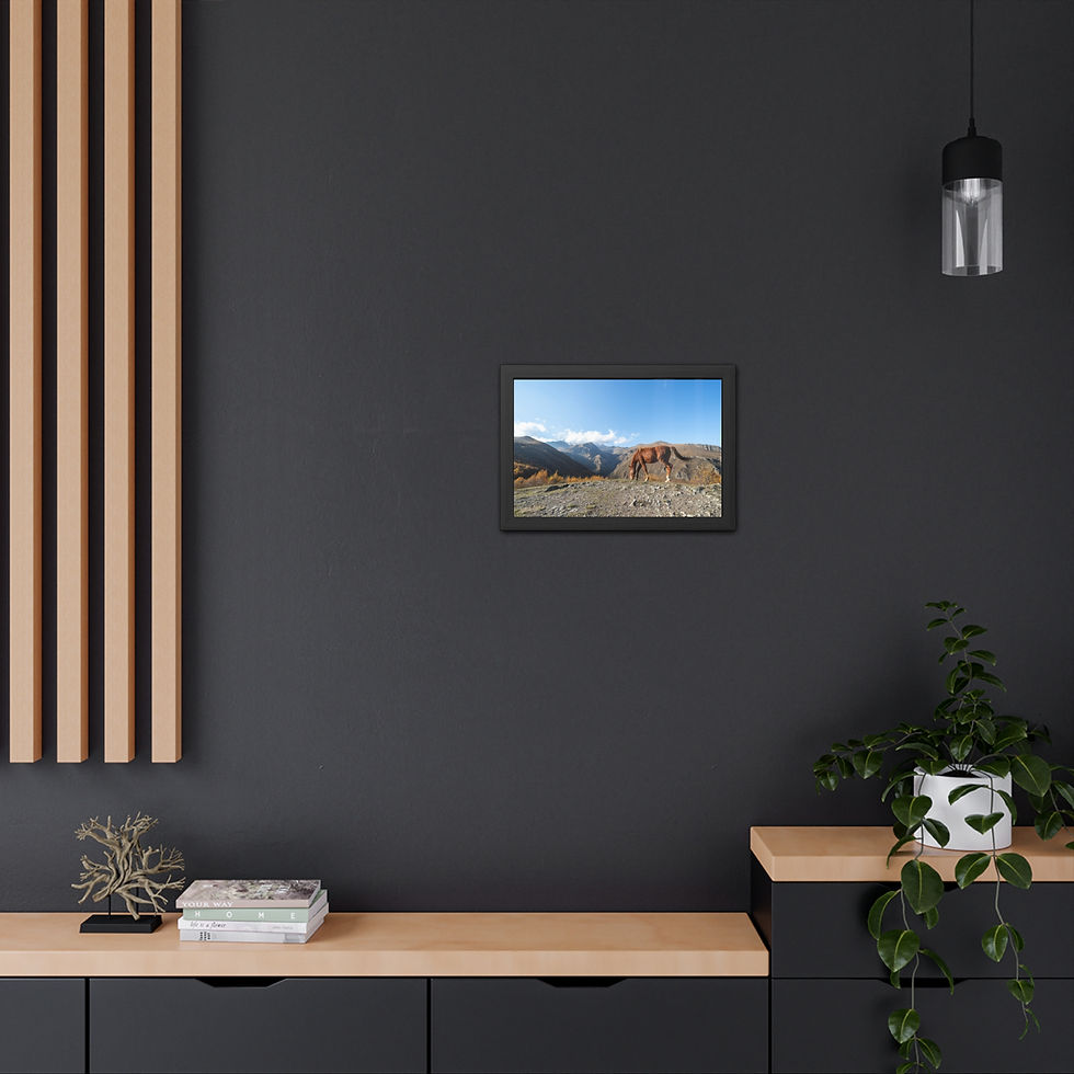 Thumbnail: Framed artwork of a horse in a snowy mountain landscape.