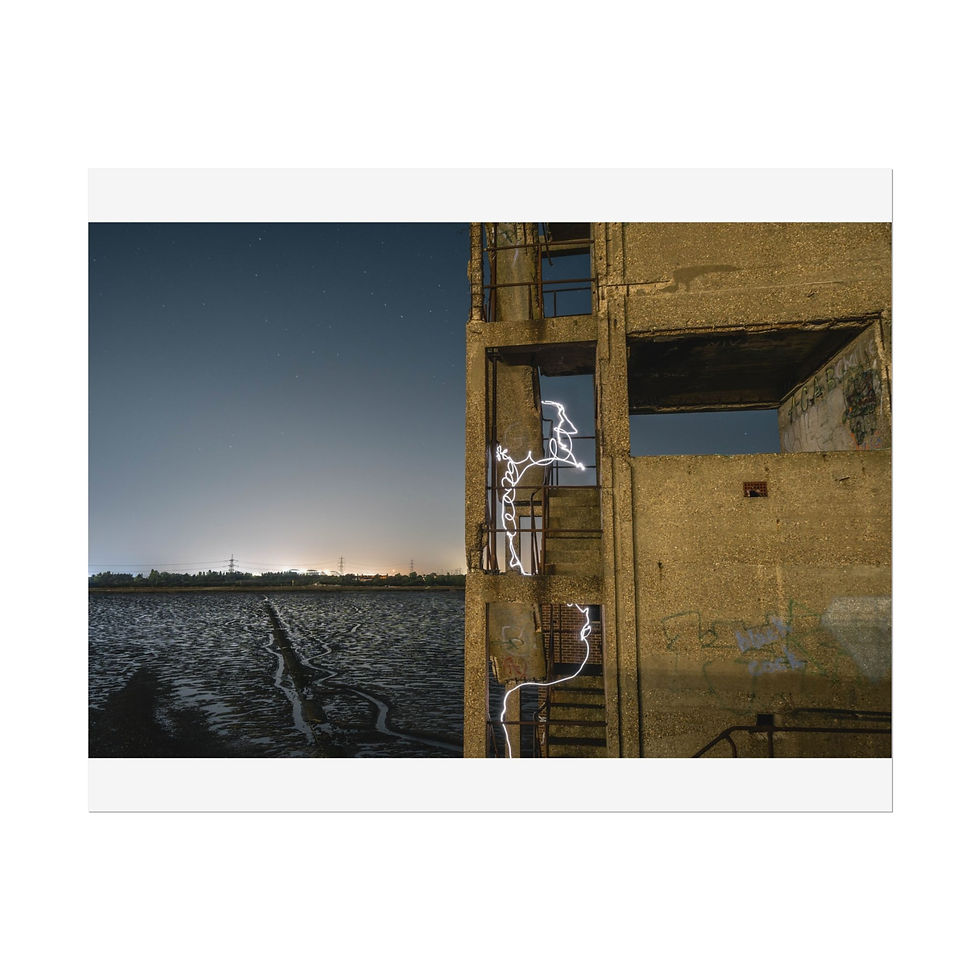 Thumbnail: Abstract light trails illuminate crumbling concrete building by dark water at night.