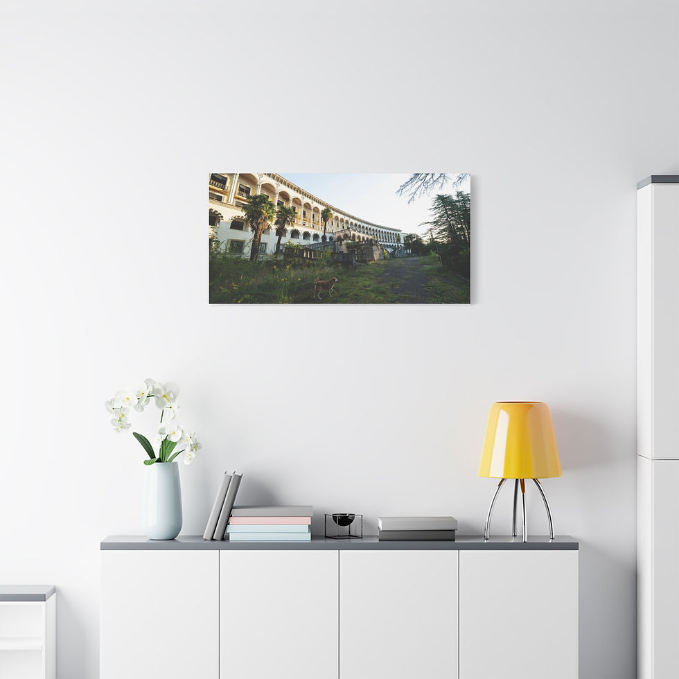 Thumbnail: Horizontal canvas art shows a long building with archways, trees.