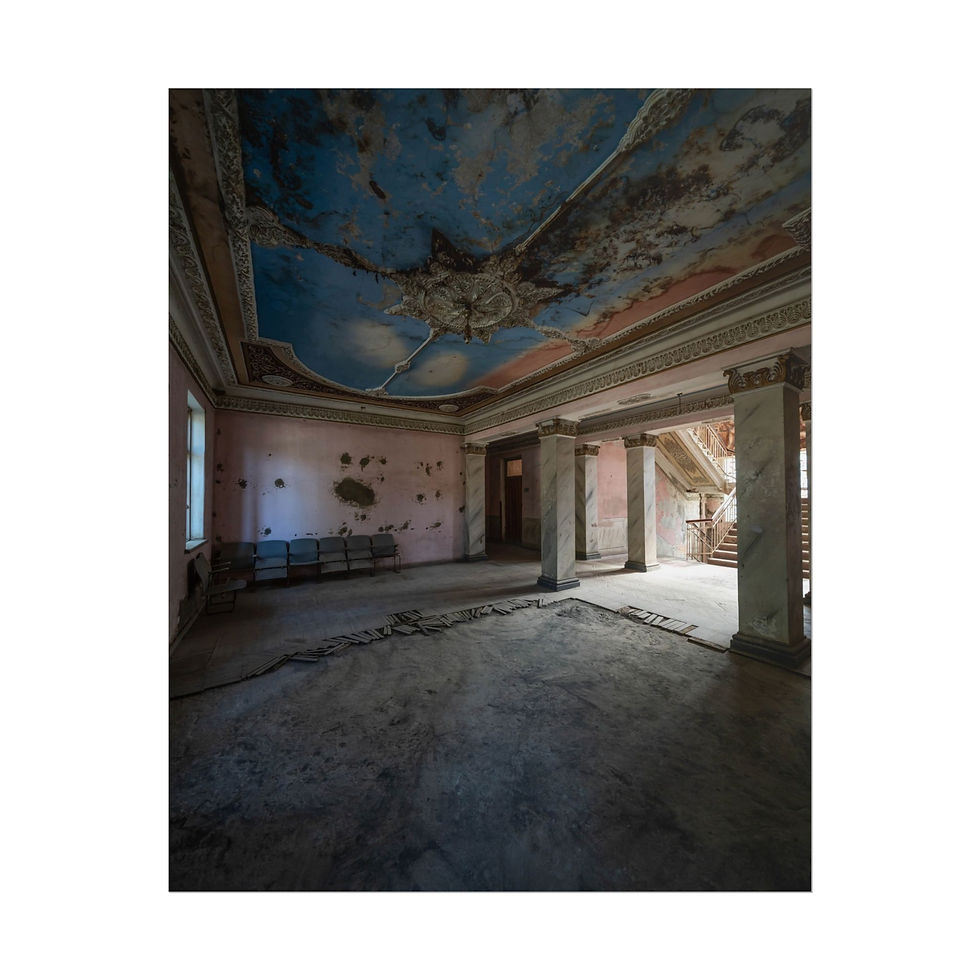 Thumbnail: Decaying interior of abandoned building, peeling blue ceiling and ornate columns.