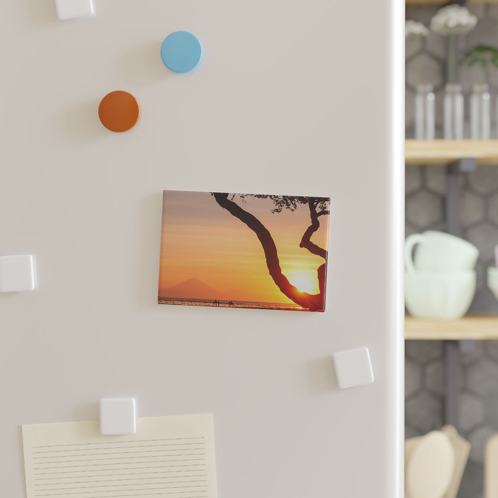 Thumbnail: Rectangular photo magnet showcasing vibrant sunset over water, tree silhouette.