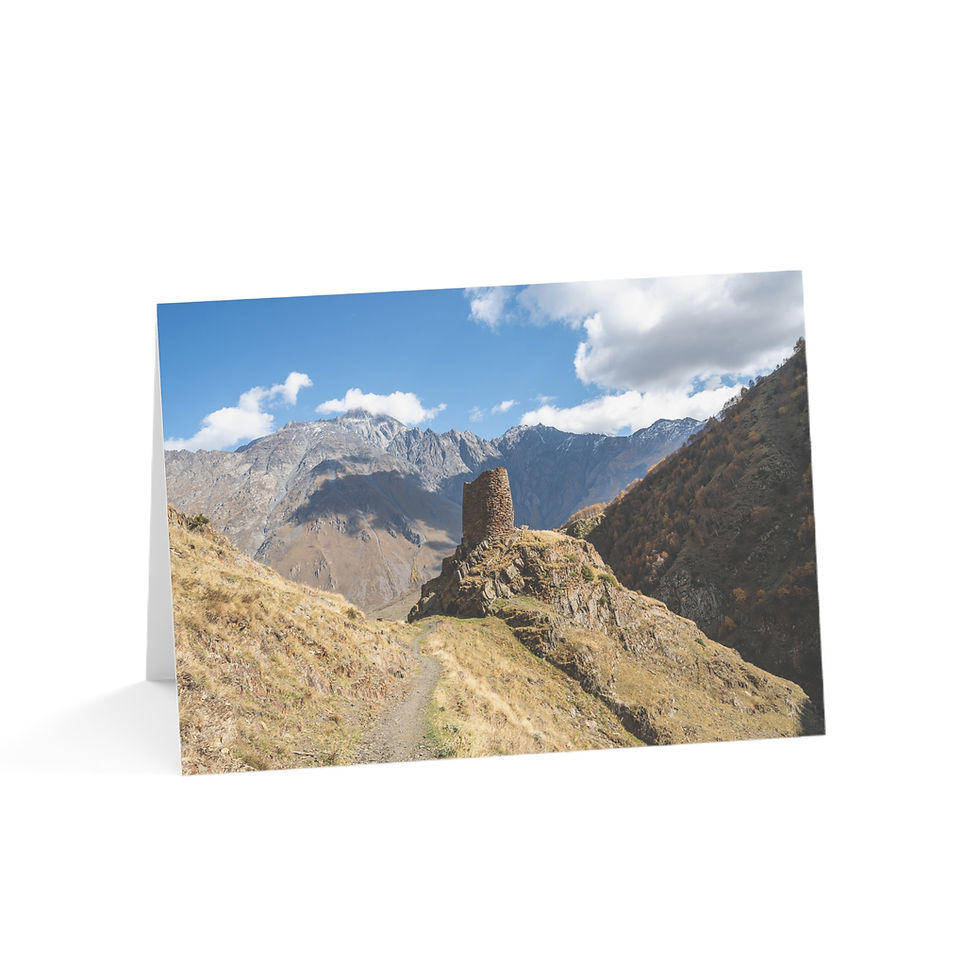 Thumbnail: Kazbegi in the Caucasus, Georgia | Greeting Cards - Pack of 1, 10, 30 or 50