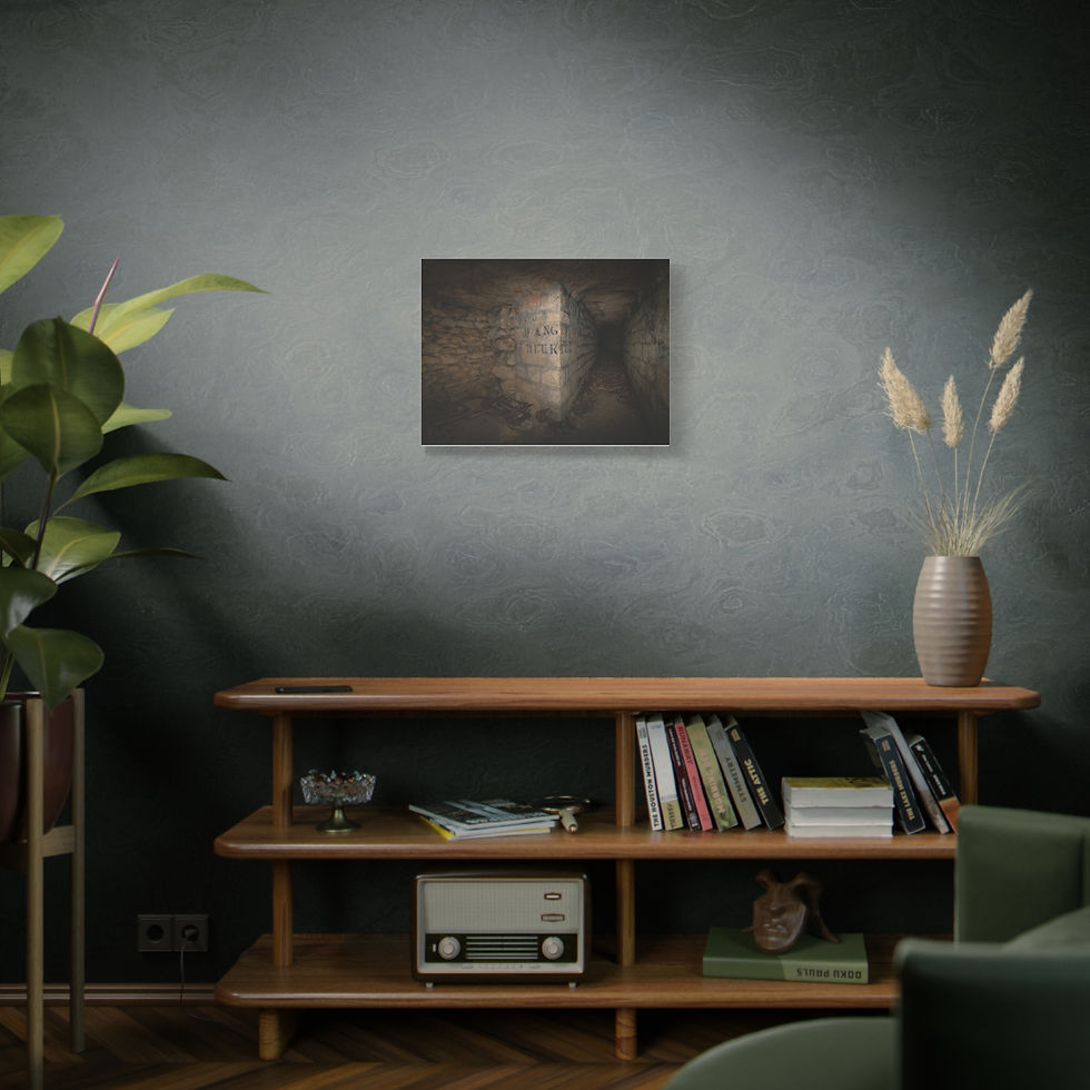 Thumbnail: Dark abstract painting above wooden console, books, plant, and vase.