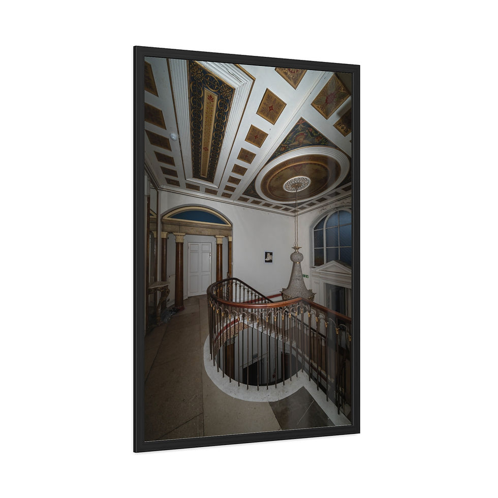 Thumbnail: Ornate ceiling and sweeping staircase in an abandoned grand building interior.