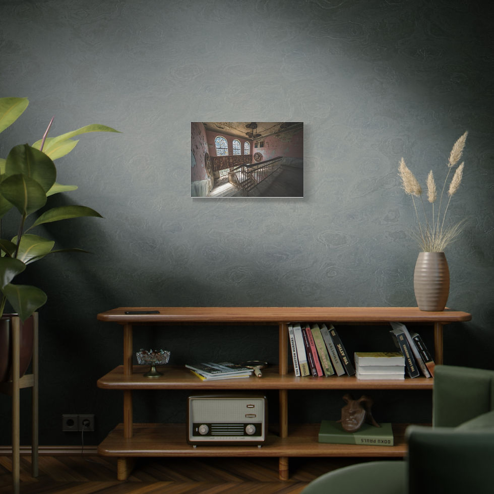 Thumbnail: Framed art print depicting abandoned interior on dark wall above wooden console.