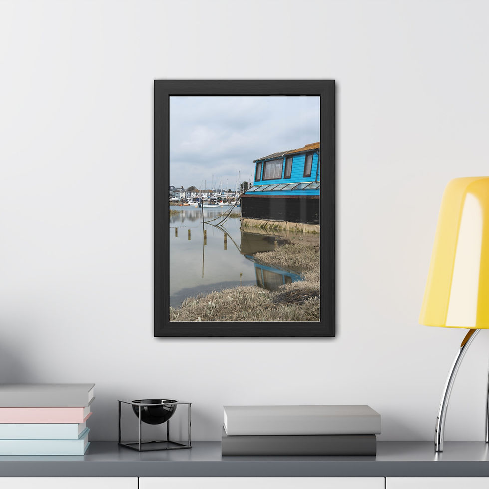 Thumbnail: Blue houseboat reflecting in calm river water with wooden posts.
