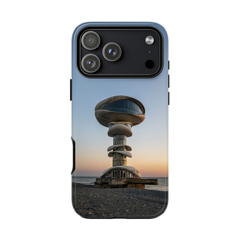 Thumbnail: Smartphone case featuring a unique mushroom-shaped building by water at dusk.