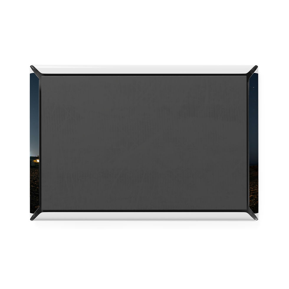 Thumbnail: Rectangular mirror with dark screen reflecting blurry city lights at night.