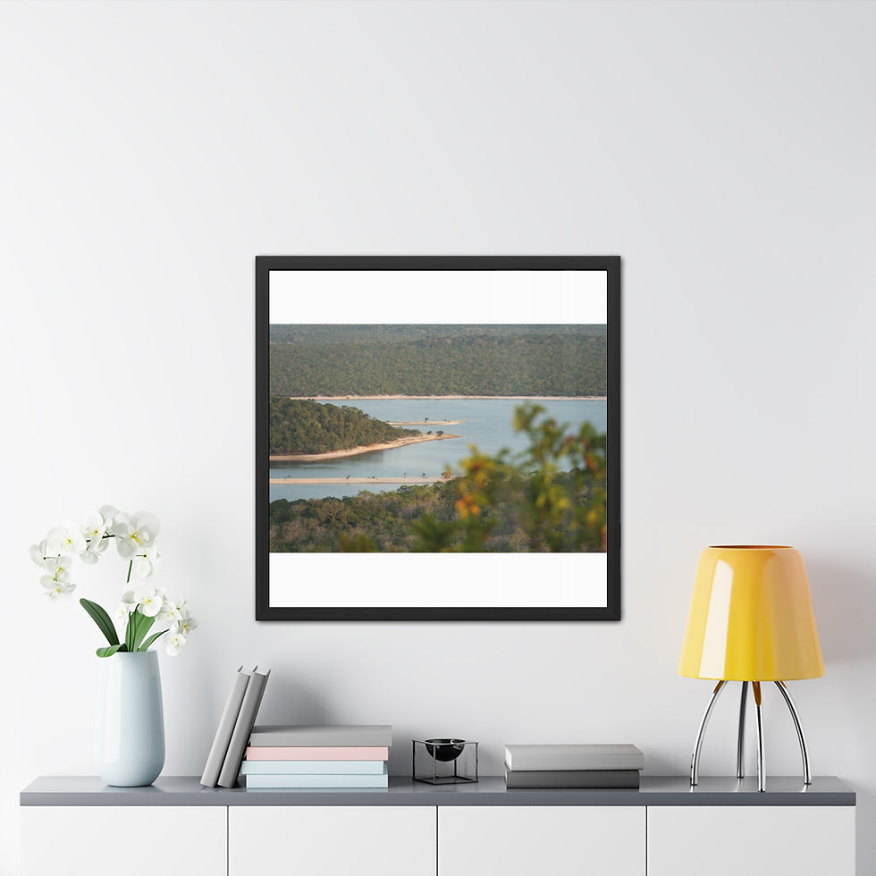 Thumbnail: Framed print of a blue lake surrounded by green forest on wall.