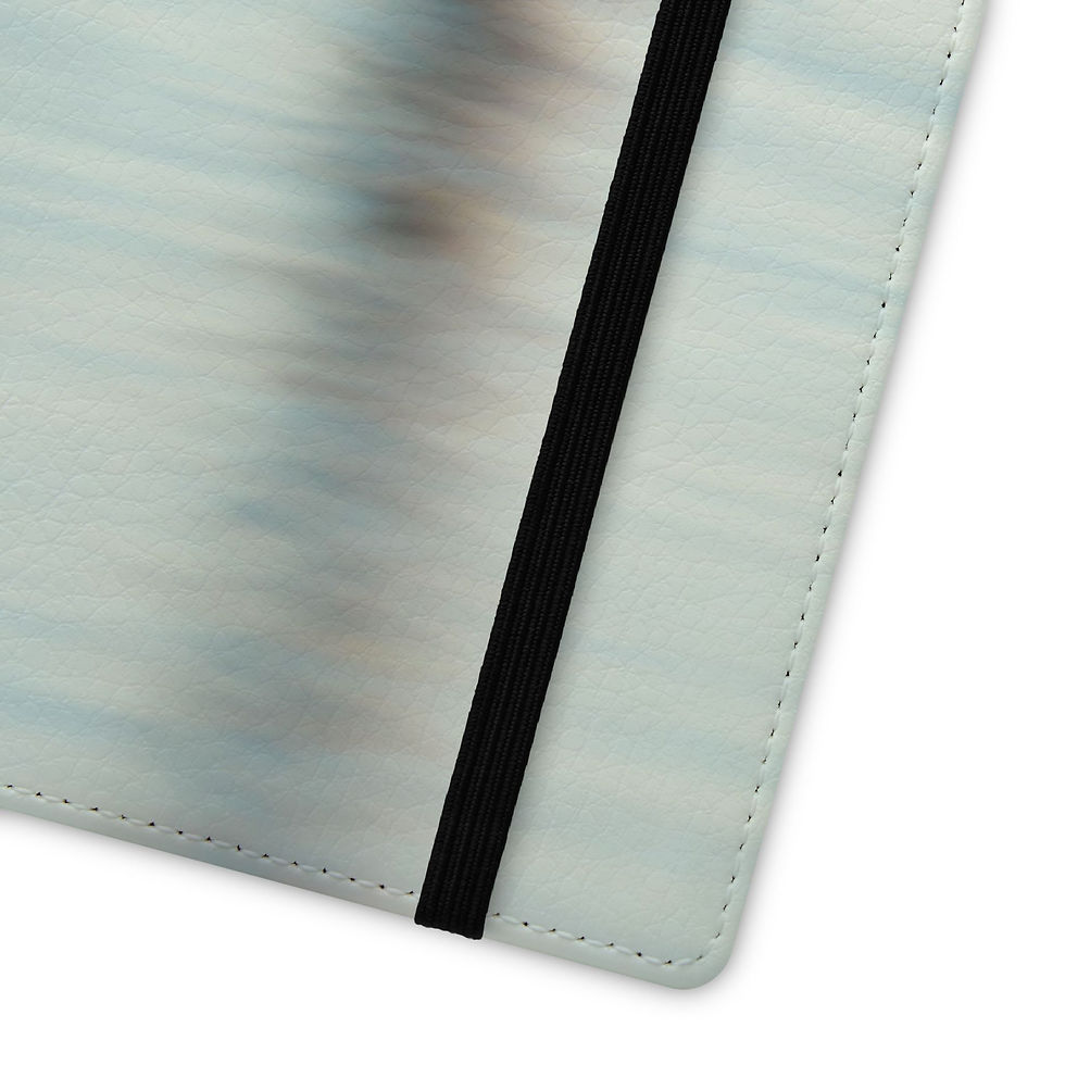 Thumbnail: Serene blurred reflection flip case cover with black elastic and white stitching.