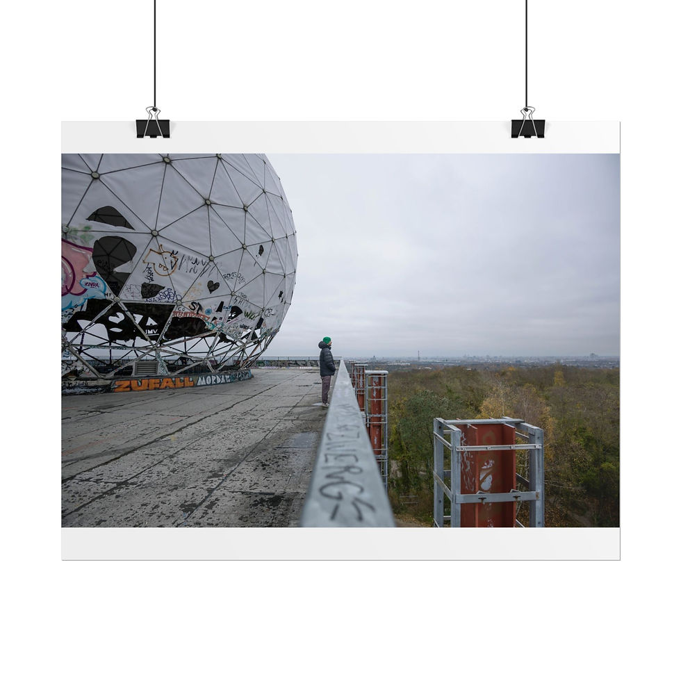 Thumbnail: Large damaged geodesic dome, person, and railing under overcast sky.