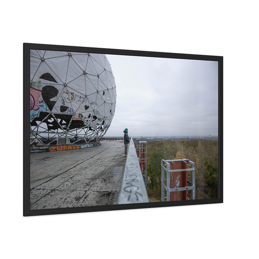 Thumbnail: Graffiti-covered Teufelsberg radar dome at abandoned site under cloudy sky.