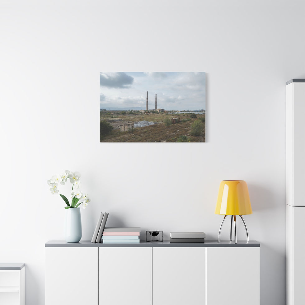 Thumbnail: Large canvas print showing twin industrial smokestacks in a bleak landscape.