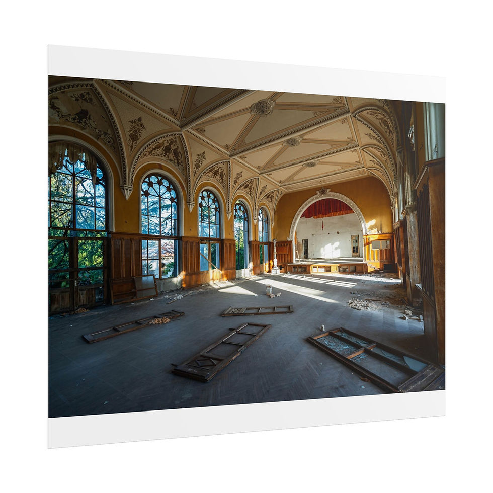 Thumbnail: Abandoned ornate grand hall with large arched windows and a stage.