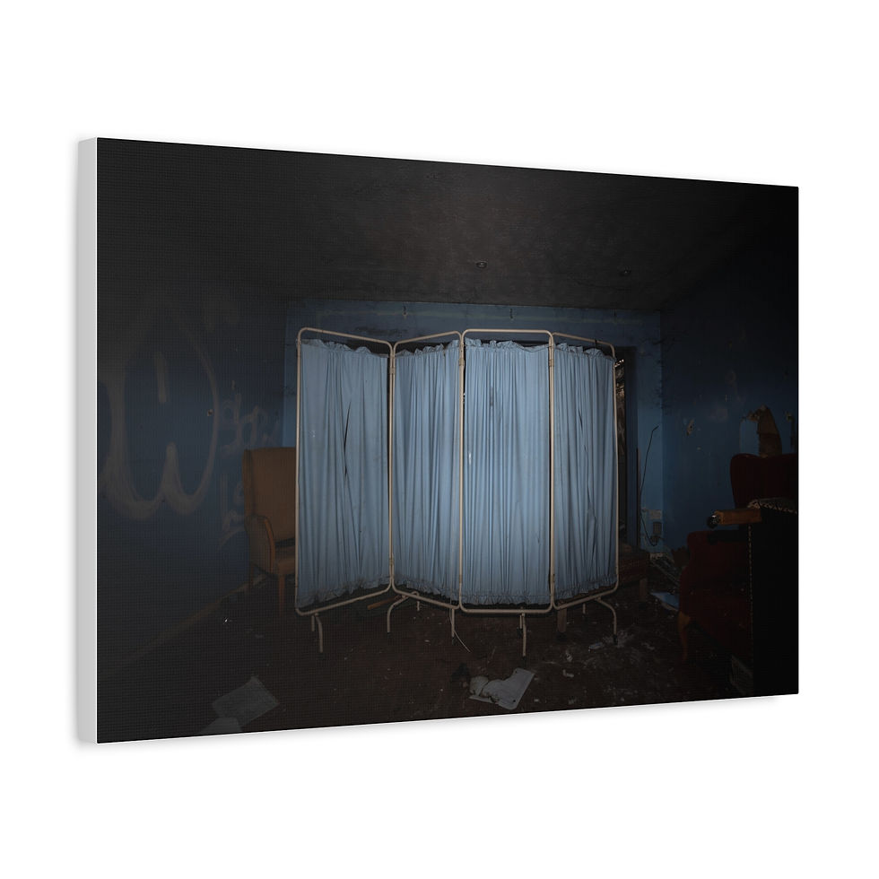 Thumbnail: Light blue privacy screen in a dark, abandoned, cluttered room.