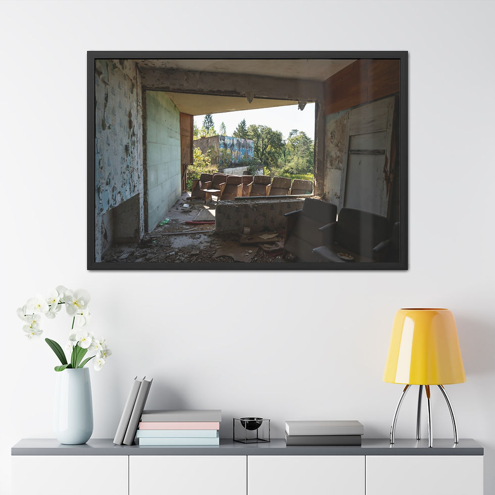 Thumbnail: Dilapidated room with view of green landscape and distant weathered monument.