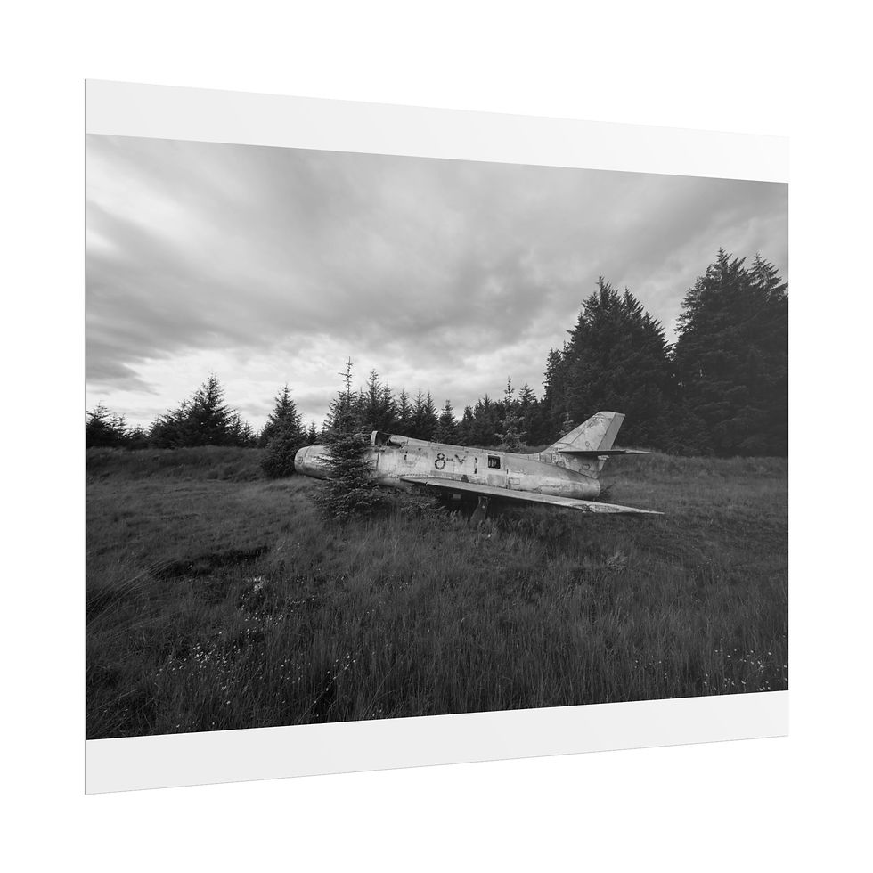 Thumbnail: Abandoned jet airplane in overgrown field, black and white, under cloudy sky.