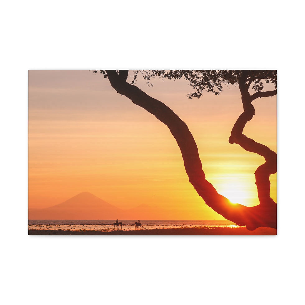 Thumbnail: Sunset over ocean, silhouetted tree branch, distant volcano, people on beach.