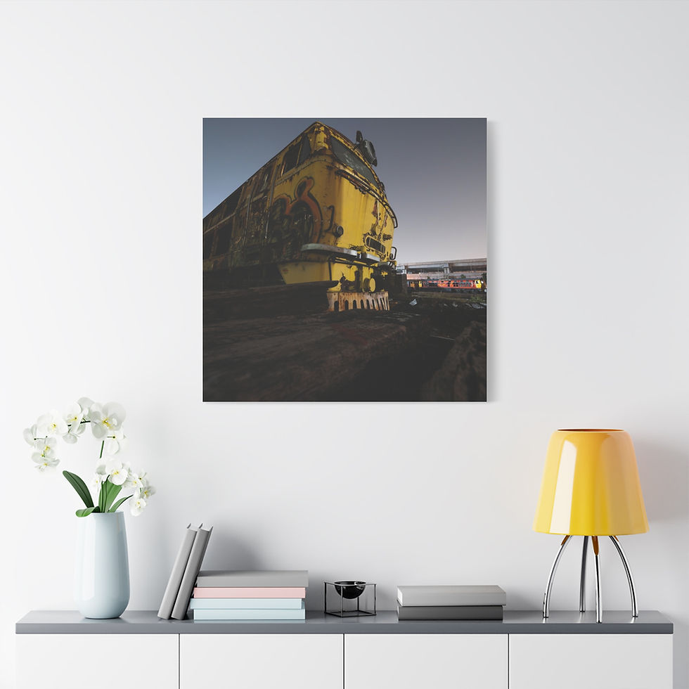 Thumbnail: Square canvas print of a yellow train engine, above a home decor shelf.