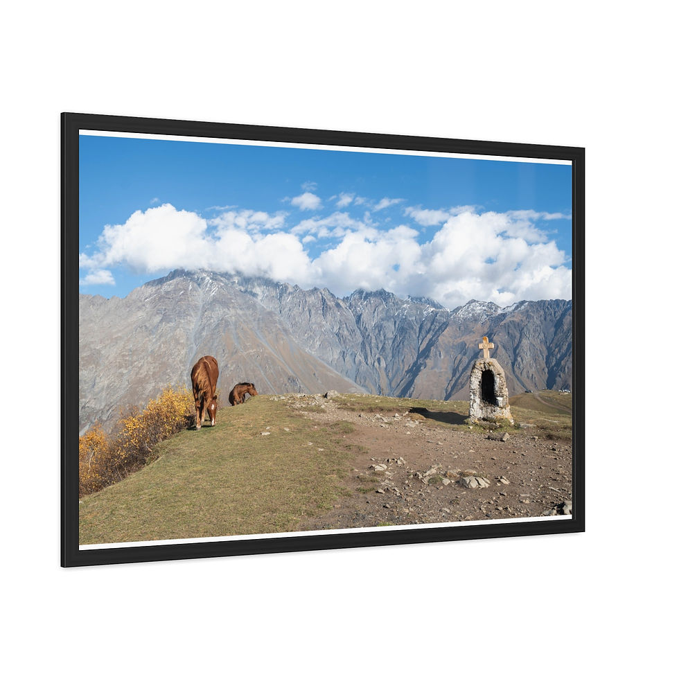 Thumbnail: Framed poster of majestic mountains, horses grazing, and stone shrine.