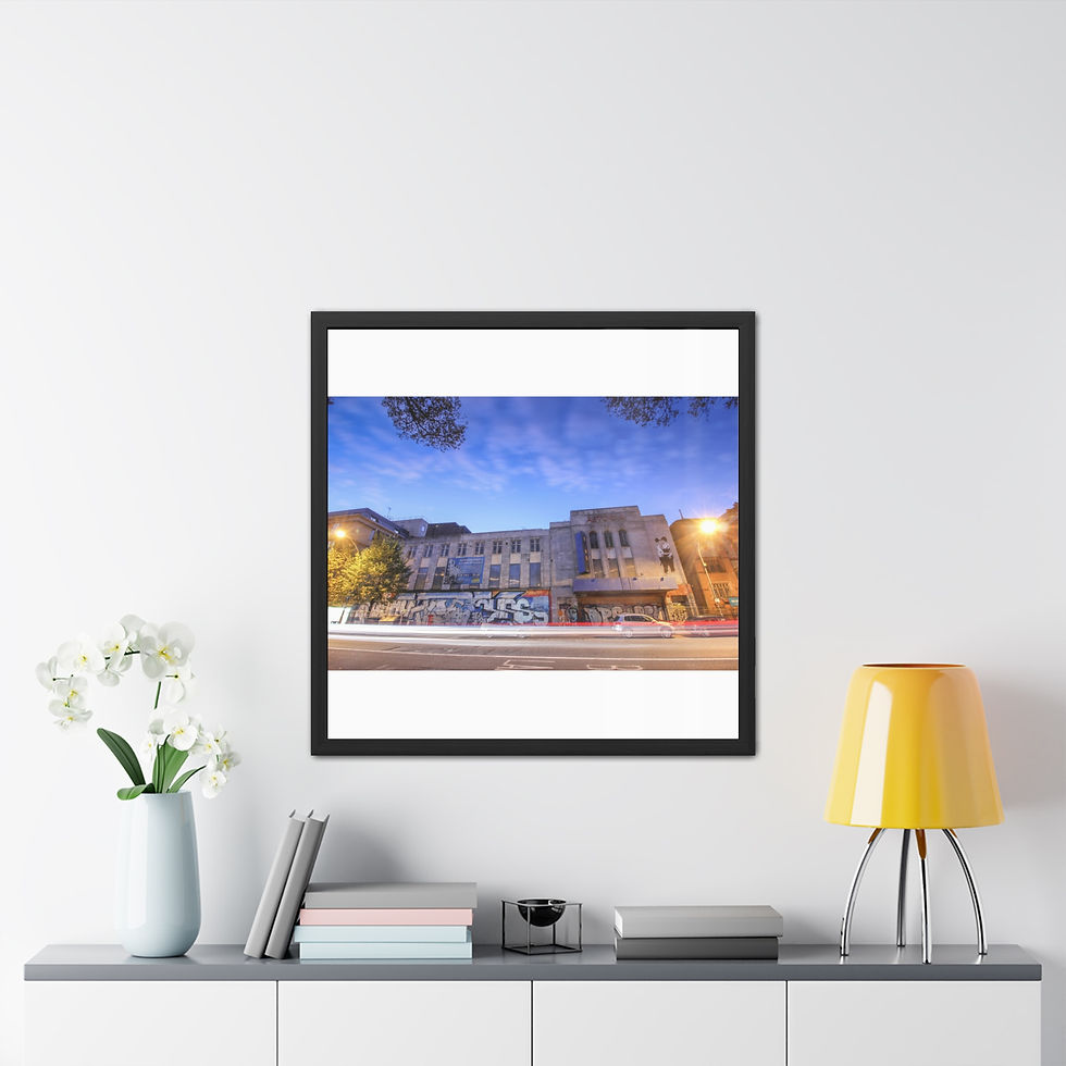 Thumbnail: Framed print of grand building at dusk with vehicle light trails.